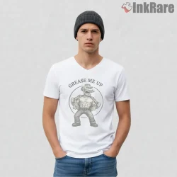 Groundskeeper Willie Grease Me Up Muscular Comedy Shirt on white v-neck shirt for men graphic tee