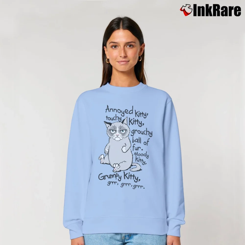 Women’s Grumpy Cat Grr Grr Grr Soft Kitty Relaxed Sweatshirt in light blue | Soft, Laid-Back Vibe