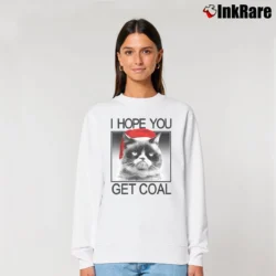 Women’s Grumpy Cat Hopes You Get Coal Santa Hat Holiday Relaxed Sweatshirt in white | Soft, Laid-Back Vibe