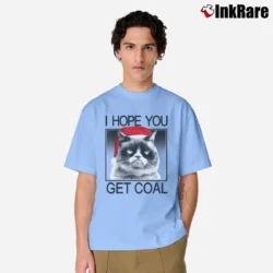Men’s Grumpy Cat Hopes You Get Coal Santa Hat Holiday Classic T-Shirt in light blue | Soft, Breathable Everyday Wear