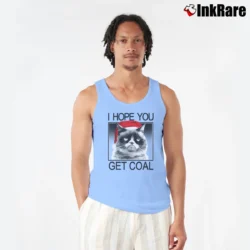 Men’s Grumpy Cat Hopes You Get Coal Santa Hat Holiday Tank Top in light blue | Breathable, Active-Friendly Design