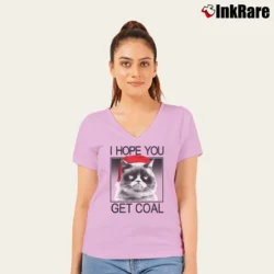 Women’s Grumpy Cat Hopes You Get Coal Santa Hat Holiday V-Neck Tee in light pink | Chic Neckline, Soft Texture