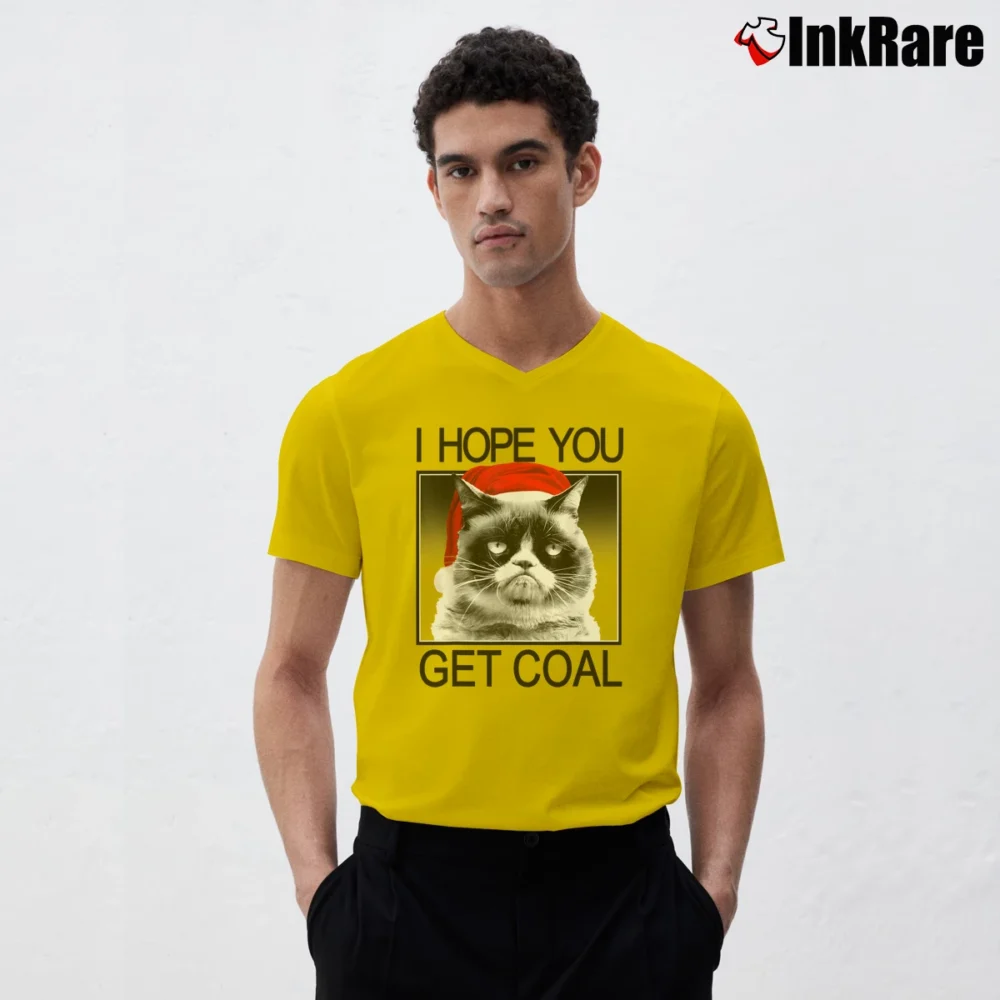 Men’s Grumpy Cat Hopes You Get Coal Santa Hat Holiday V-Neck Tee in yellow | Sharp, Breathable, Everyday Staple