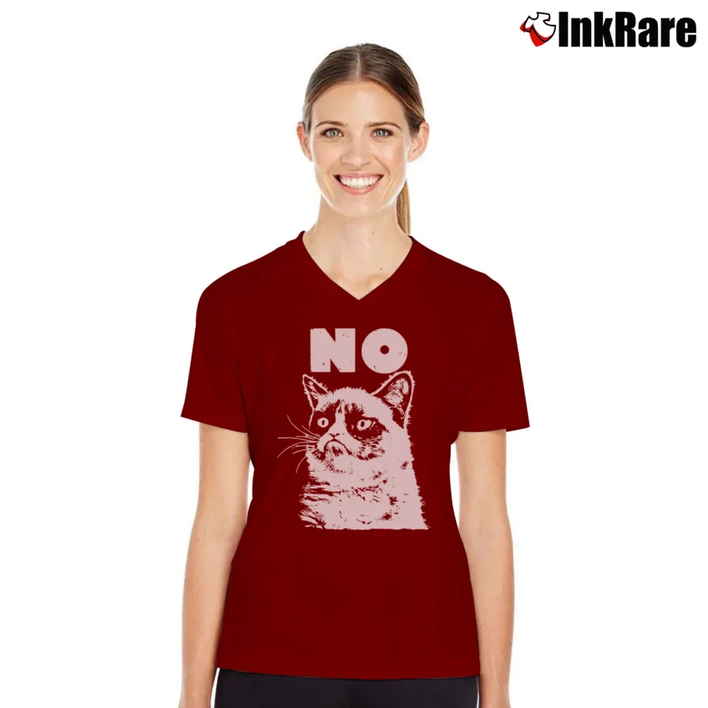 Women’s Grumpy Cat No Funny Meme V-Neck Tee in maroon | Chic Neckline, Soft Texture