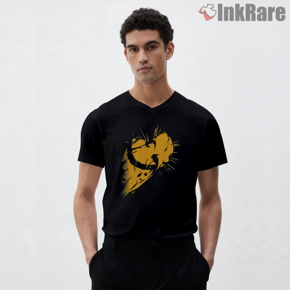 Grunge Burst Wu Tang Symbol Shirt on black v-neck shirt for men graphic tee