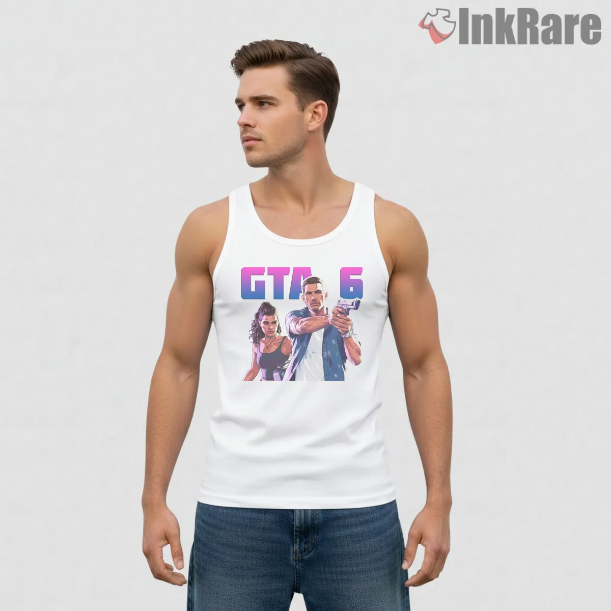 Gta Vi Dual Protagonist Action Poster Vice City Tank Top White Gta Vi Dual Protagonist Action Poster Vice City Shirt on white tank top for men graphic tee