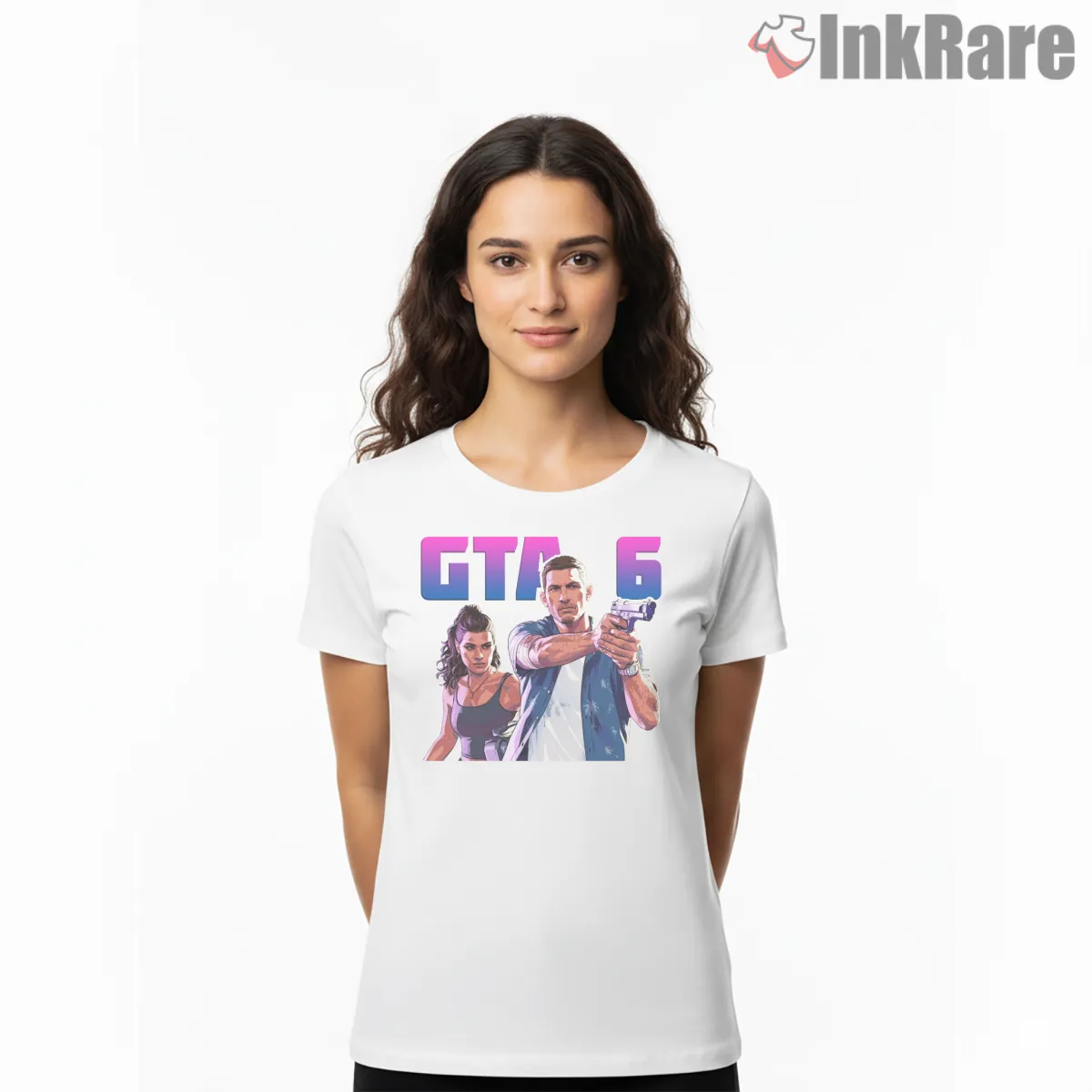 Gta Vi Dual Protagonist Action Poster Vice City Short Sleeve White Gta Vi Dual Protagonist Action Poster Vice City Shirt on white short sleeve shirt for women graphic tee