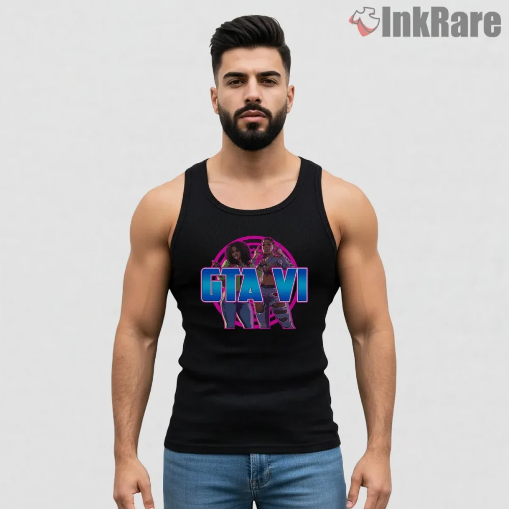 Gta Vi Neon Duo Character Vice City Style Shirt on black tank top for men graphic tee