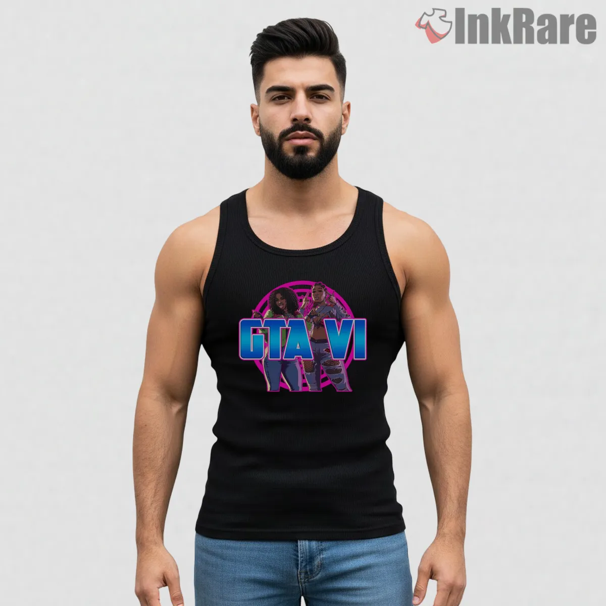 Gta Vi Neon Duo Character Vice City Style Tank Top Black Gta Vi Neon Duo Character Vice City Style Shirt on black tank top for men graphic tee