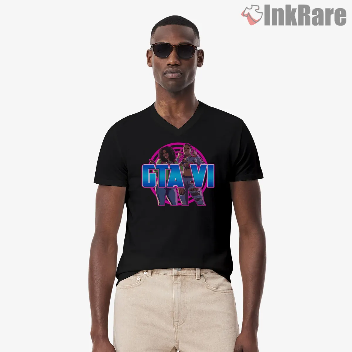 Gta Vi Neon Duo Character Vice City Style V Neck Black Gta Vi Neon Duo Character Vice City Style Shirt on black v-neck shirt for men graphic tee