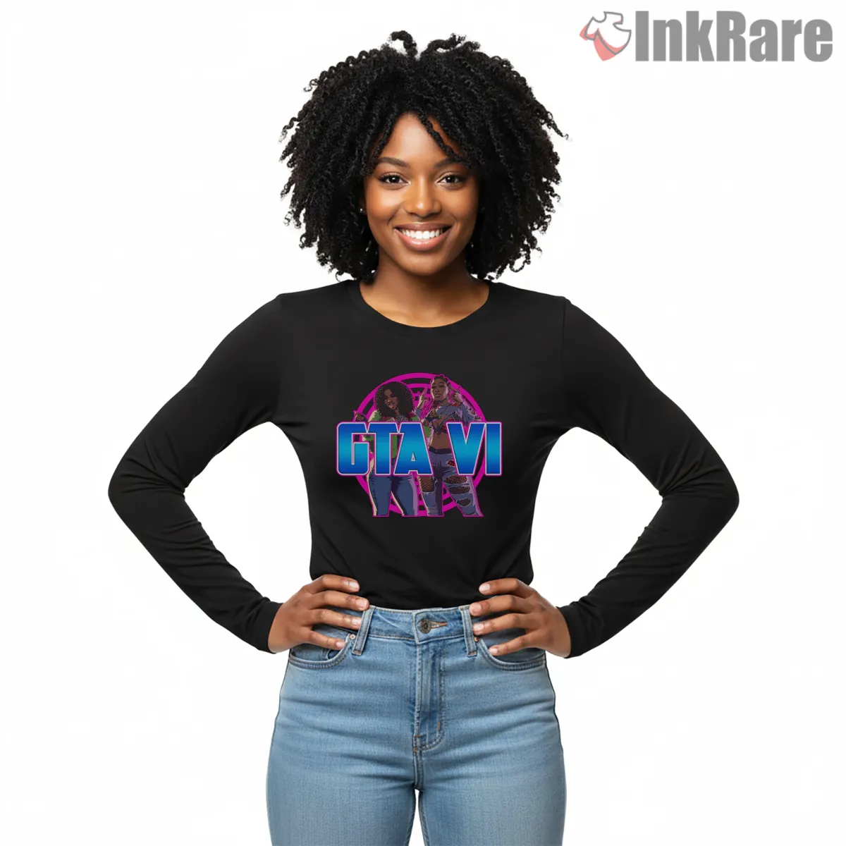 Gta Vi Neon Duo Character Vice City Style Long Sleeve Black Gta Vi Neon Duo Character Vice City Style Shirt on black long sleeve shirt for women graphic tee