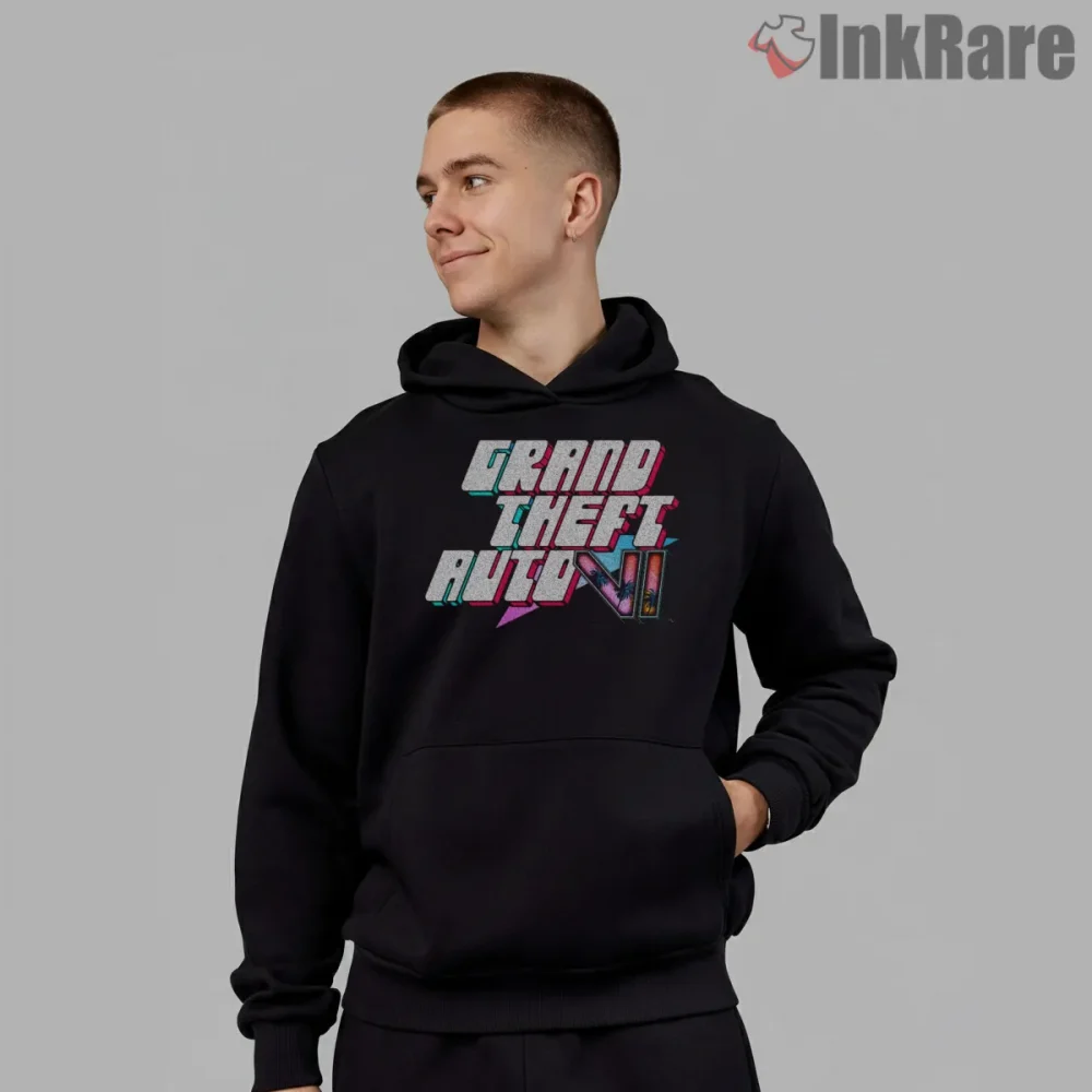 Gta Vi Neon Gradient Logo Vice City Style Shirt on black hoodie for men graphic tee
