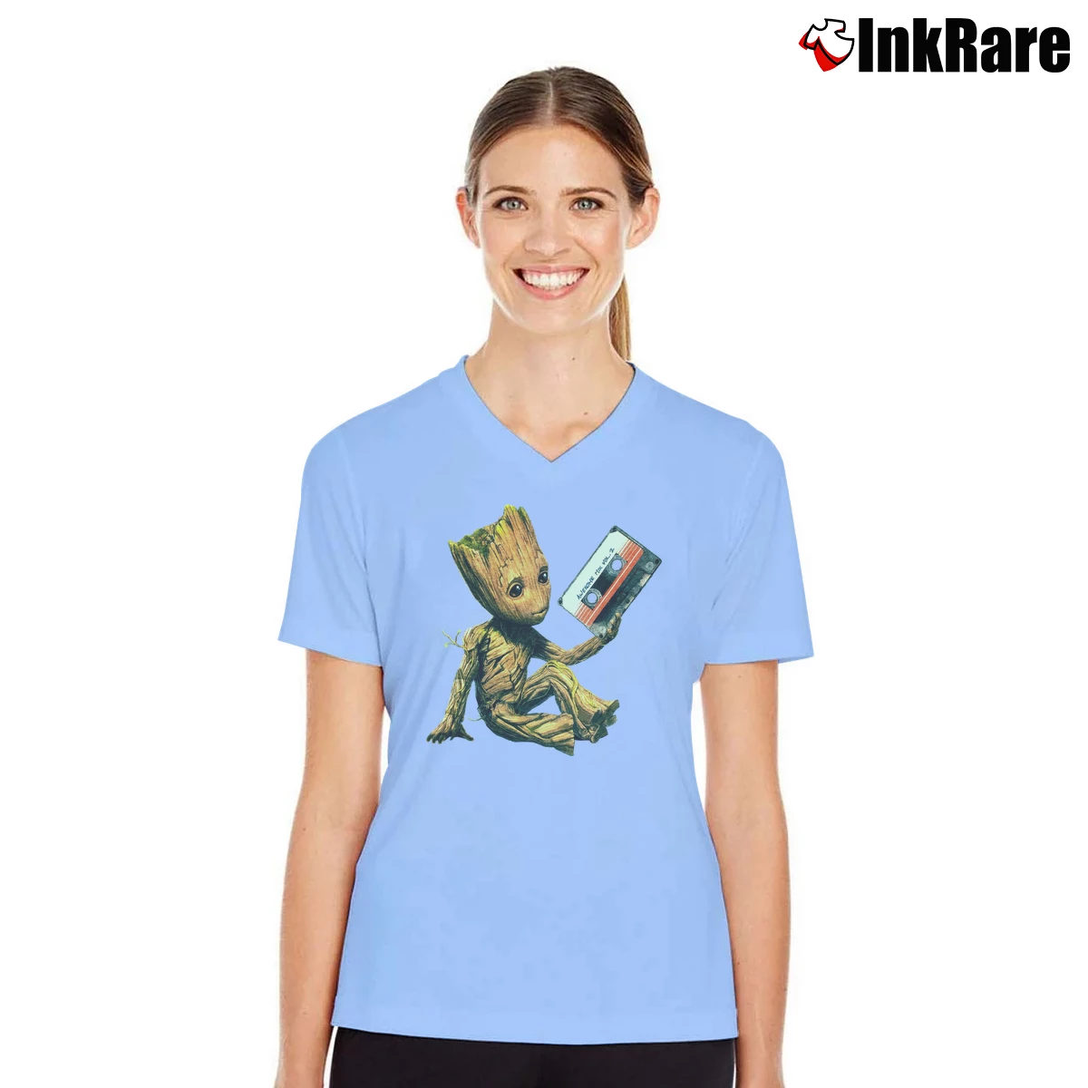 Women’s Guardians Of The Galaxy Baby Groot V-Neck Tee in light blue | Chic Neckline, Soft Texture