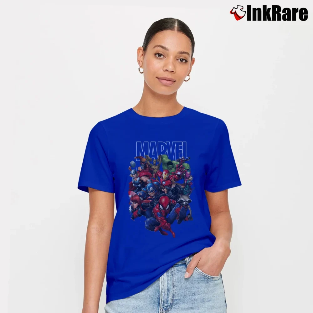 Women’s Guardians Of The Galaxy Marvel Avengers Team Up Signature T-Shirt in royal blue | Soft, Flattering Fit