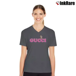 Women’s Gucci Blue Baby Logo Graphic V-Neck Tee in charcoal | Chic Neckline, Soft Texture