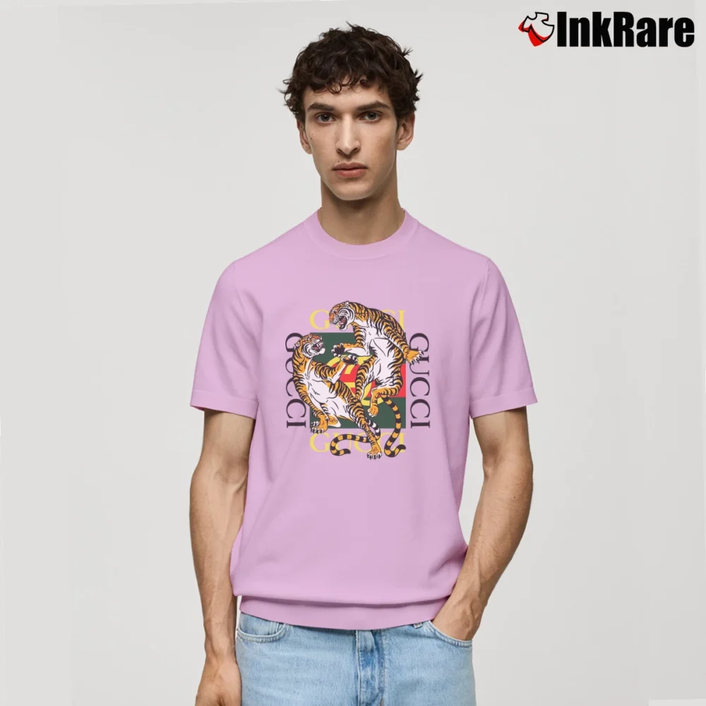 Men’s Gucci Brand Tiger Fighting Fashion Graphic Classic T-Shirt in light pink | Soft, Breathable Everyday Wear