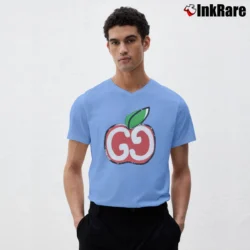 Men’s Gucci Gg Apple Pink 1980 Retro Logo V-Neck Tee in light blue | Sharp, Breathable, Everyday Staple