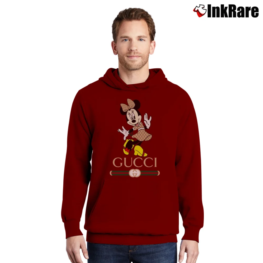 Men’s Gucci Inspired Mickey Mouse Graphic Pullover Hoodie in maroon | Cozy, Durable, Modern Fit