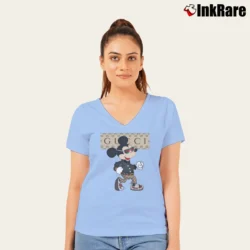 Women’s Gucci Inspired Mickey Mouse V-Neck Tee in light blue | Chic Neckline, Soft Texture