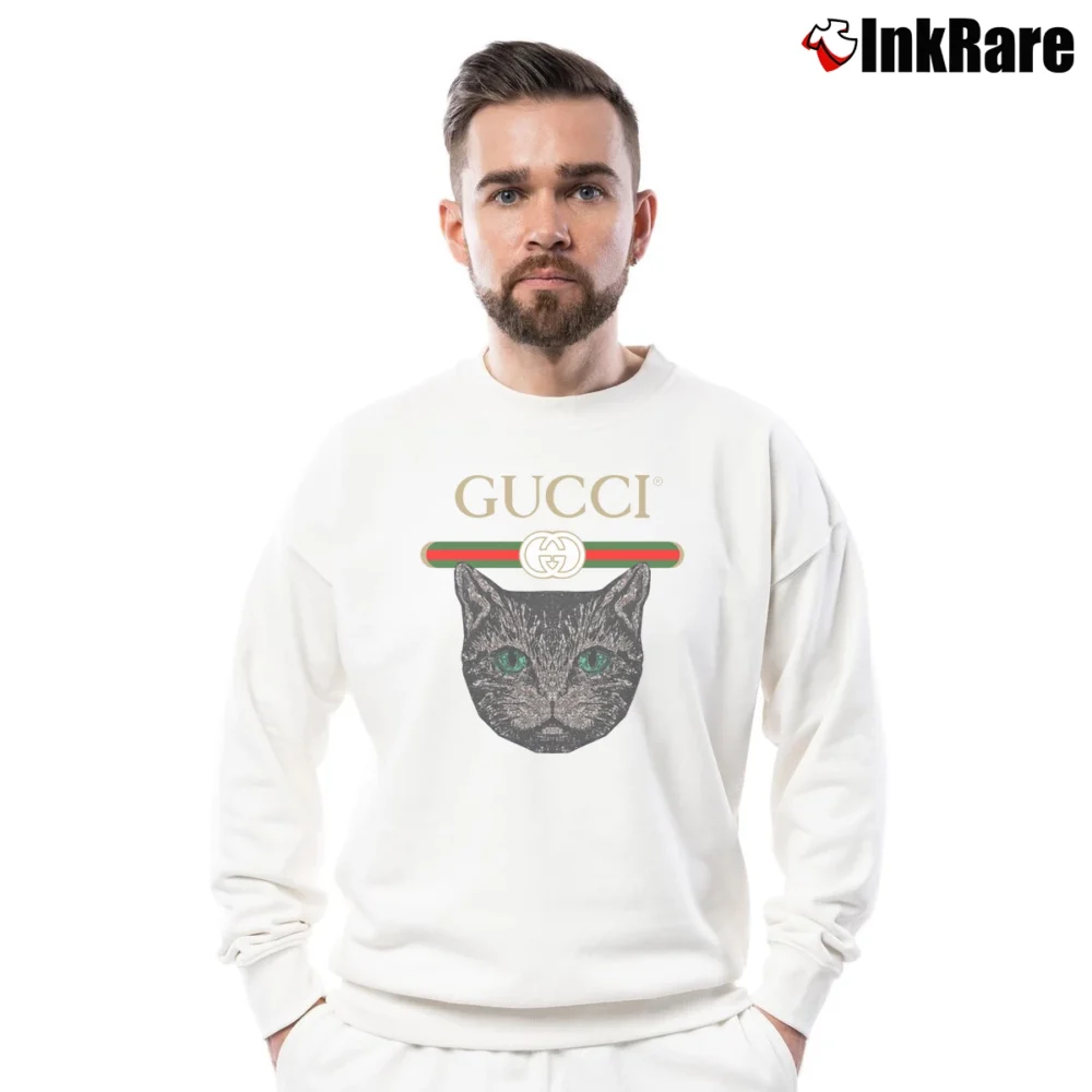Men’s Gucci Logo Mystic Cat Crewneck Sweatshirt in white | Cozy Fabric, Clean Style