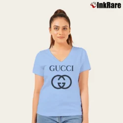 Women’s Gucci Logo Print V-Neck Tee in light blue | Chic Neckline, Soft Texture