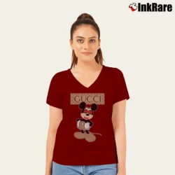 Women’s Gucci Mickey Mouse Custom Fashion V-Neck Tee in maroon | Chic Neckline, Soft Texture