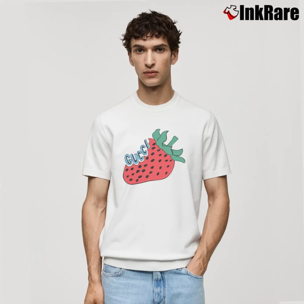 Men’s Gucci Strawberry Print Designer Classic T-Shirt in white | Soft, Breathable Everyday Wear