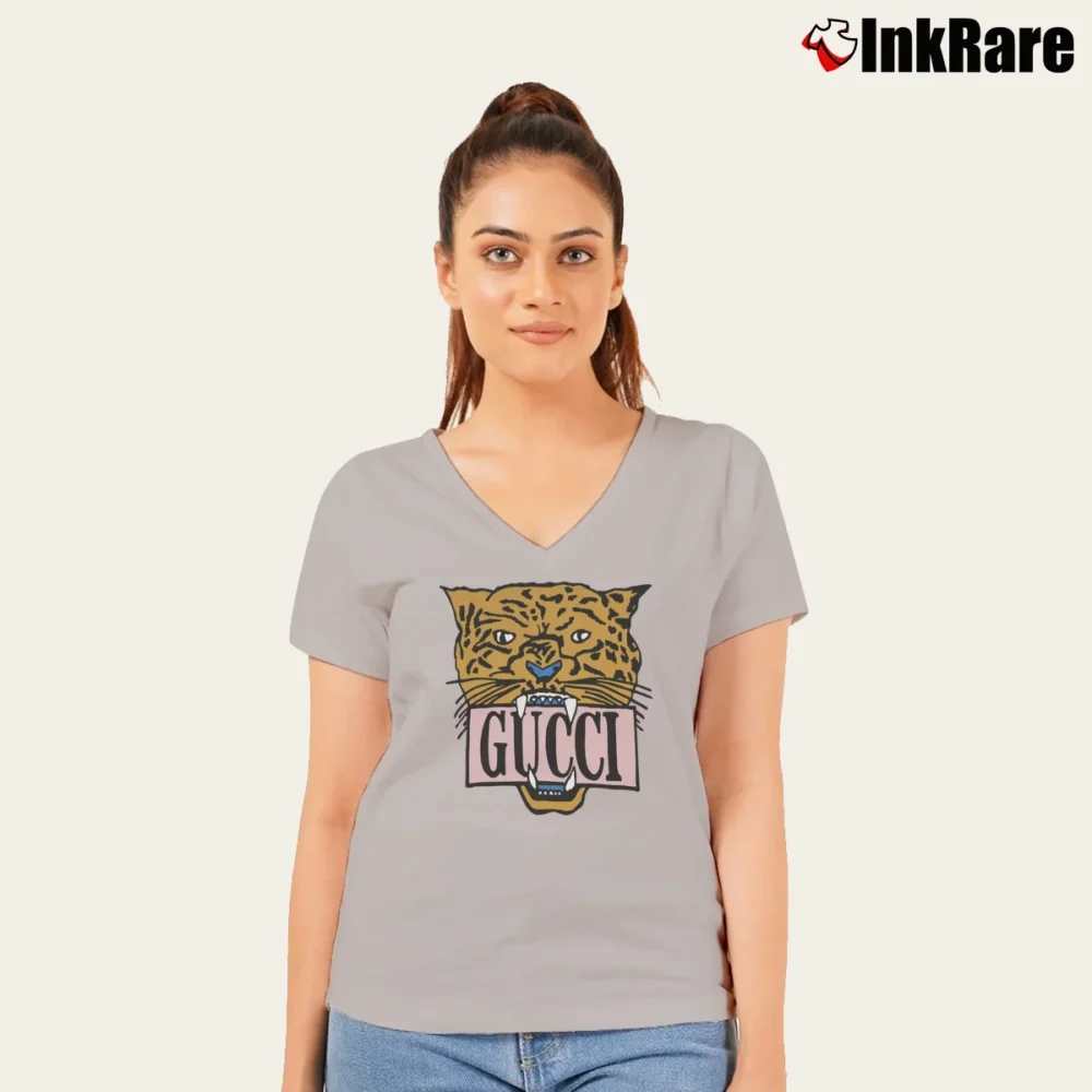 Women’s Gucci Tiger Head Designer Graphic V-Neck Tee in sport grey | Chic Neckline, Soft Texture