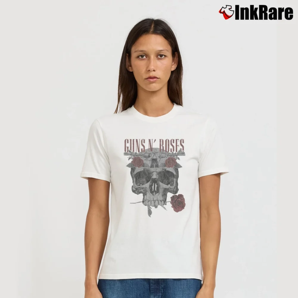 Women’s Guns N Roses Flower Skull Style Signature T-Shirt in white | Soft, Flattering Fit
