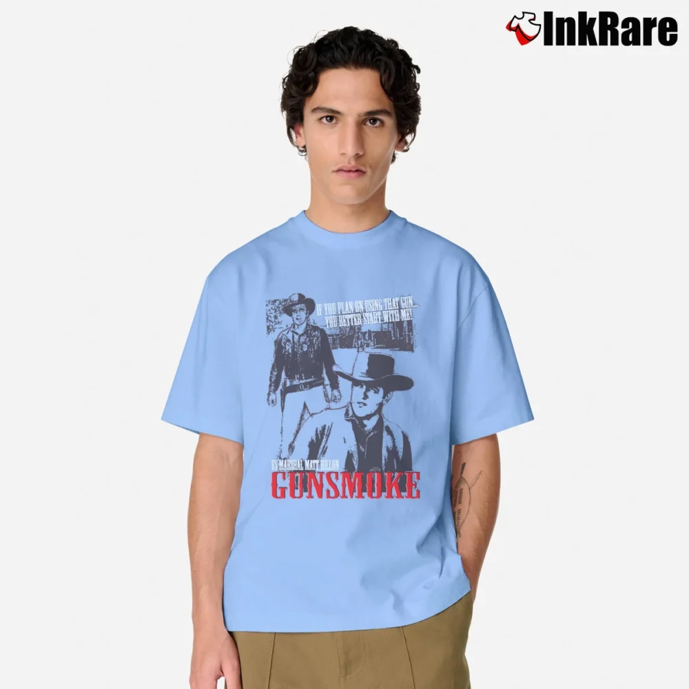 Men’s Gunsmoke Us Marshal Matt Dillon Retro Classic T-Shirt in light blue | Soft, Breathable Everyday Wear