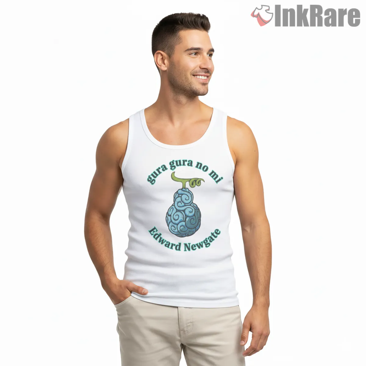 Gura Gura Devil Fruit Power Anime Shirt on white tank top for men graphic tee