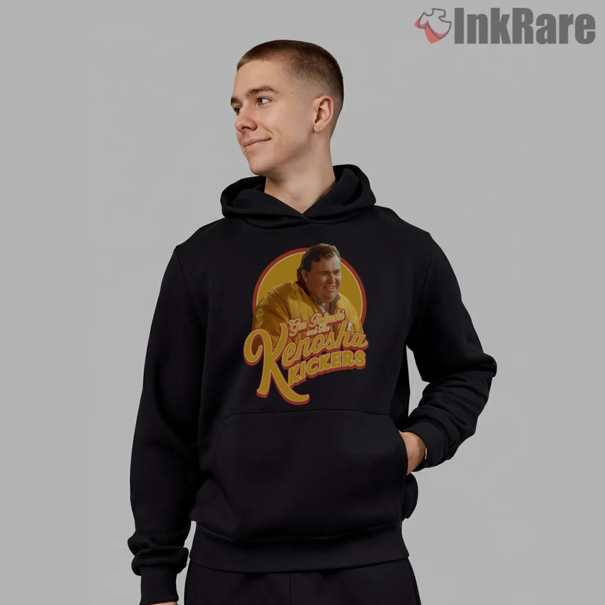 Gus Polinski Kenosha Kickers Portrait Script Shirt on black hoodie for men graphic tee
