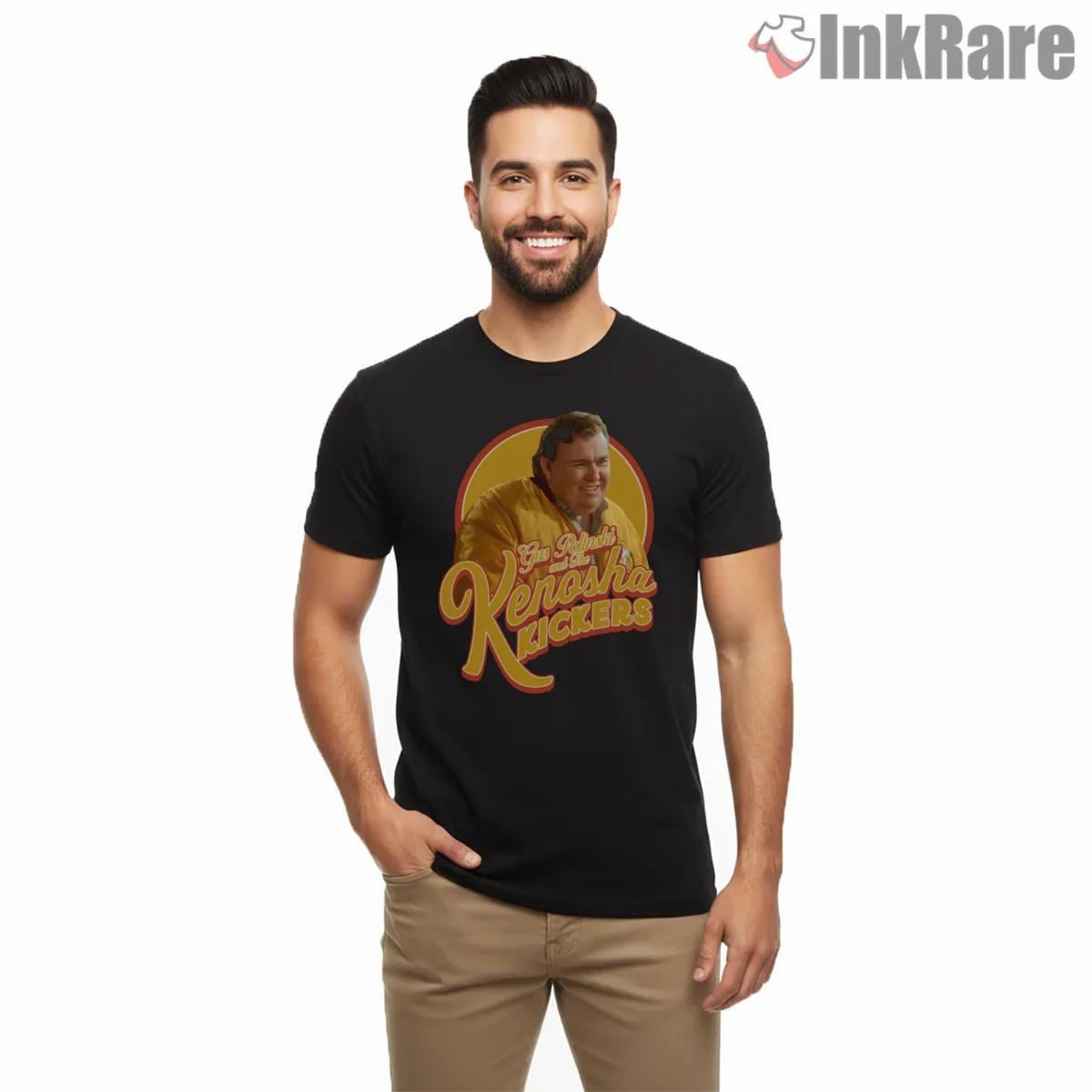 Gus Polinski Kenosha Kickers Portrait Script Short Sleeve Black Gus Polinski Kenosha Kickers Portrait Script Shirt on black short sleeve shirt for men graphic tee