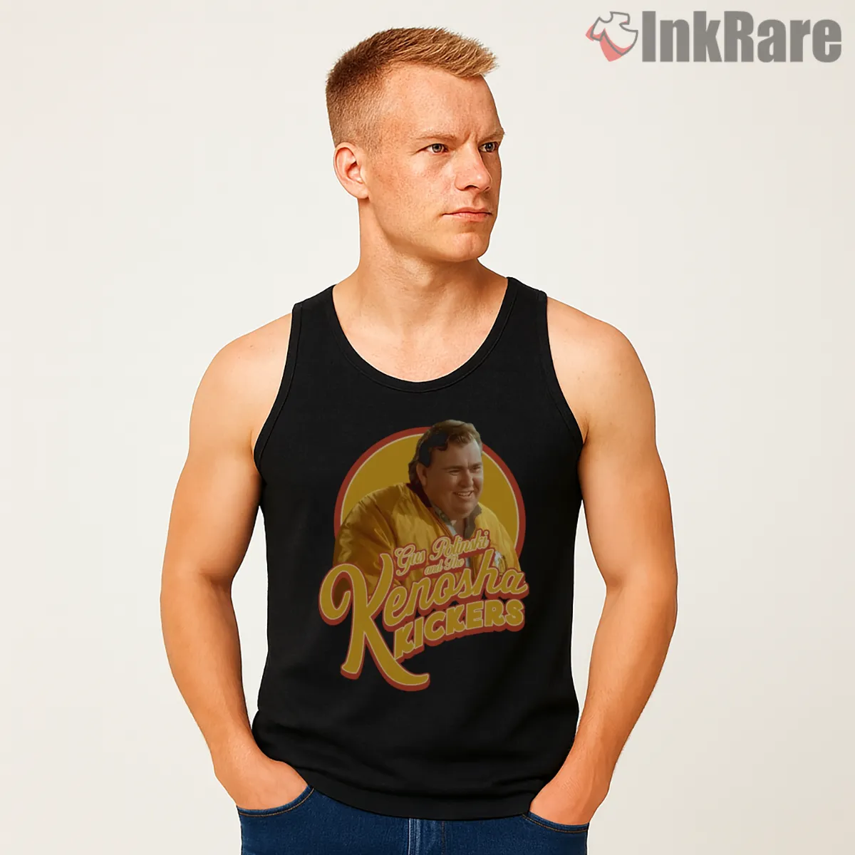 Gus Polinski Kenosha Kickers Portrait Script Tank Top Black Gus Polinski Kenosha Kickers Portrait Script Shirt on black tank top for men graphic tee
