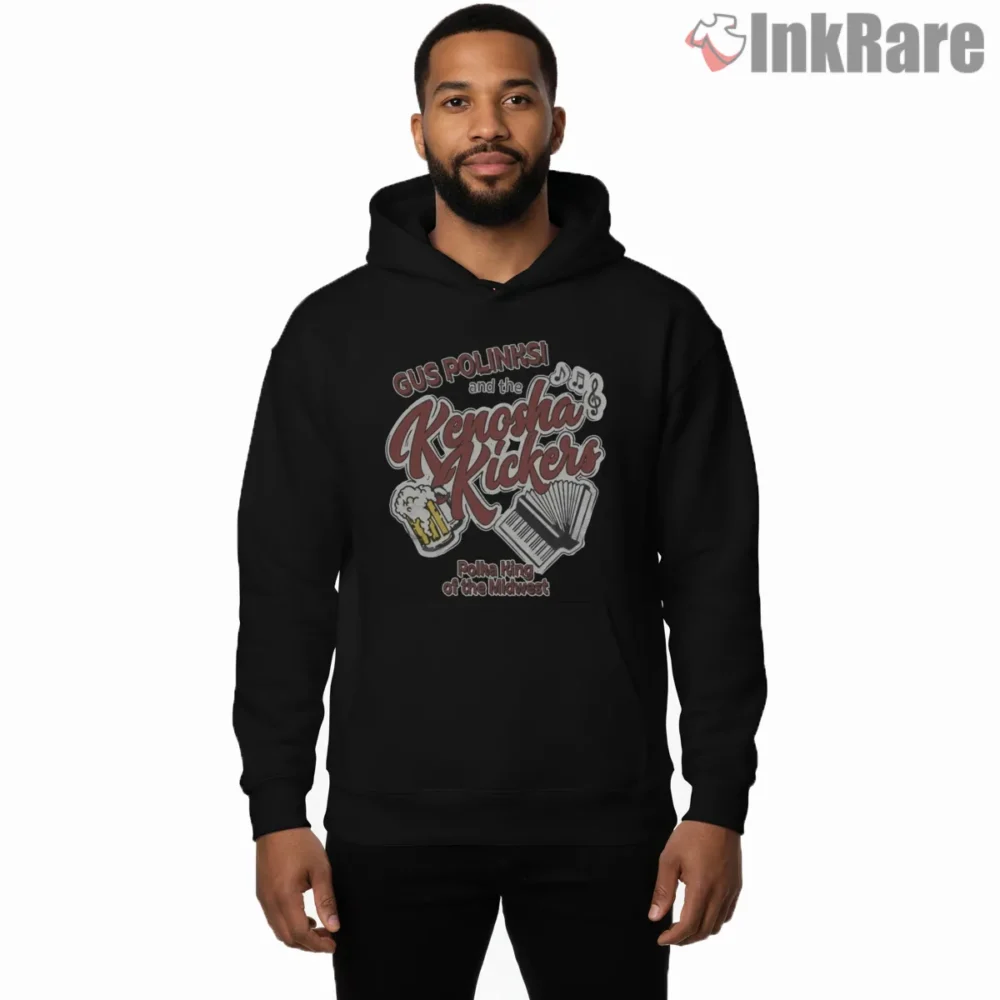 Gus Polinski Kenosha Kickers Retro Script Shirt on black hoodie for men graphic tee