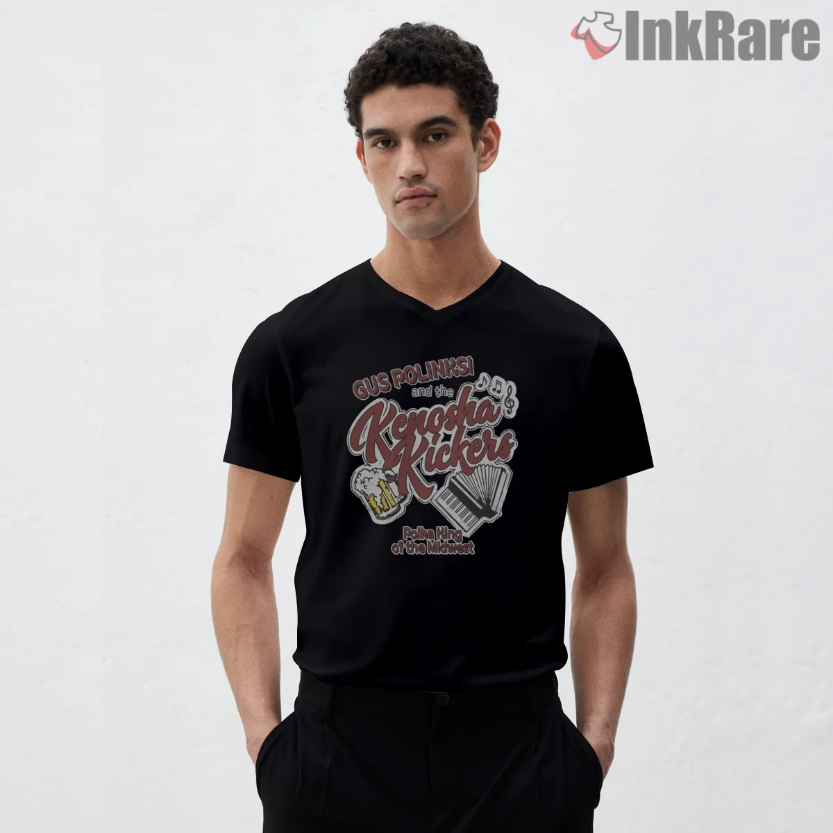 Gus Polinski Kenosha Kickers Retro Script V Neck Black Gus Polinski Kenosha Kickers Retro Script Shirt on black v-neck shirt for men graphic tee