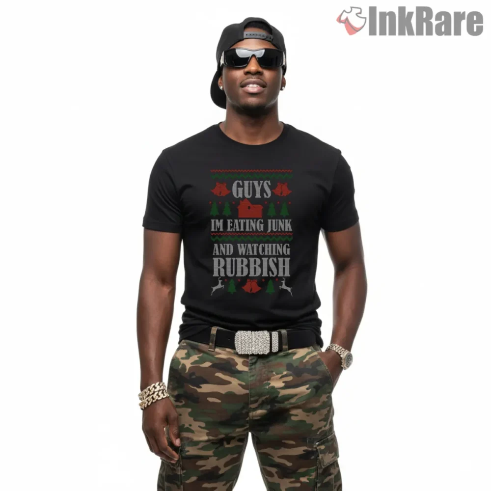 Guys Im Eating Junk And Watching Rubbish Sweater Shirt on black short sleeve shirt for men graphic tee