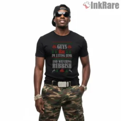 Guys Im Eating Junk And Watching Rubbish Sweater Shirt on black short sleeve shirt for men graphic tee