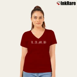 Women’s Gwen Stefani Lamb Logo V-Neck Tee in maroon | Chic Neckline, Soft Texture