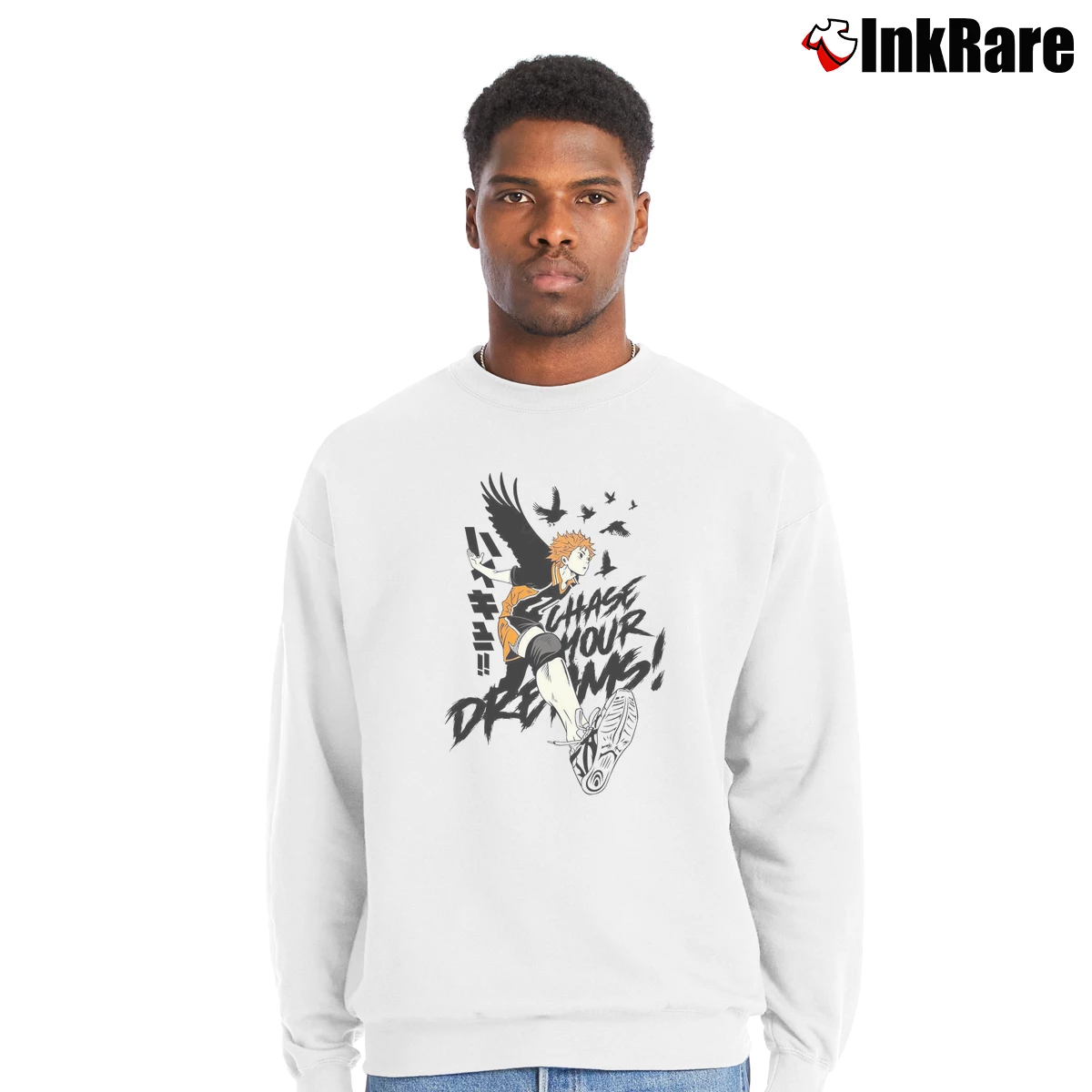 Men’s Haikyuu Chase Your Dream Crewneck Sweatshirt in white | Cozy Fabric, Clean Style