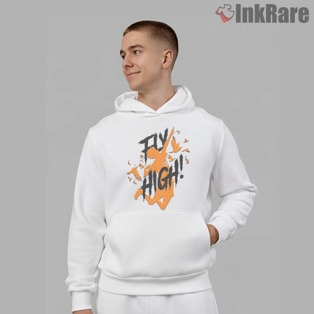 Haikyuu Fly High Bold Brush Stroke Anime Shirt on white hoodie for men graphic tee