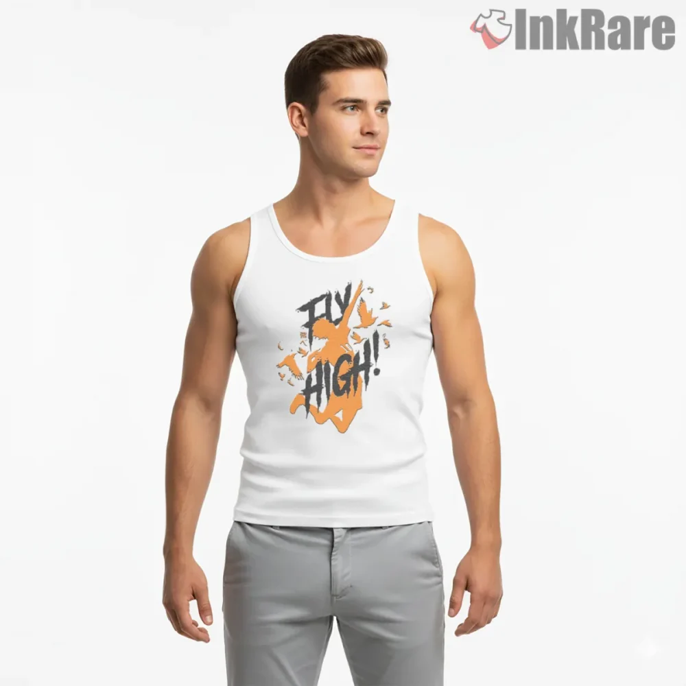 Haikyuu Fly High Bold Brush Stroke Anime Shirt on white tank top for men graphic tee
