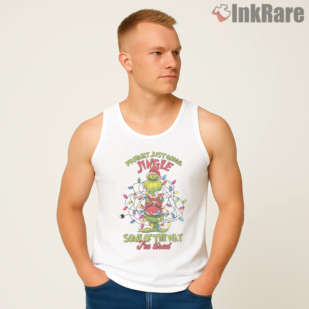 Halfway Jingle Tired Grinch Holiday Lights Shirt on white tank top for men graphic tee