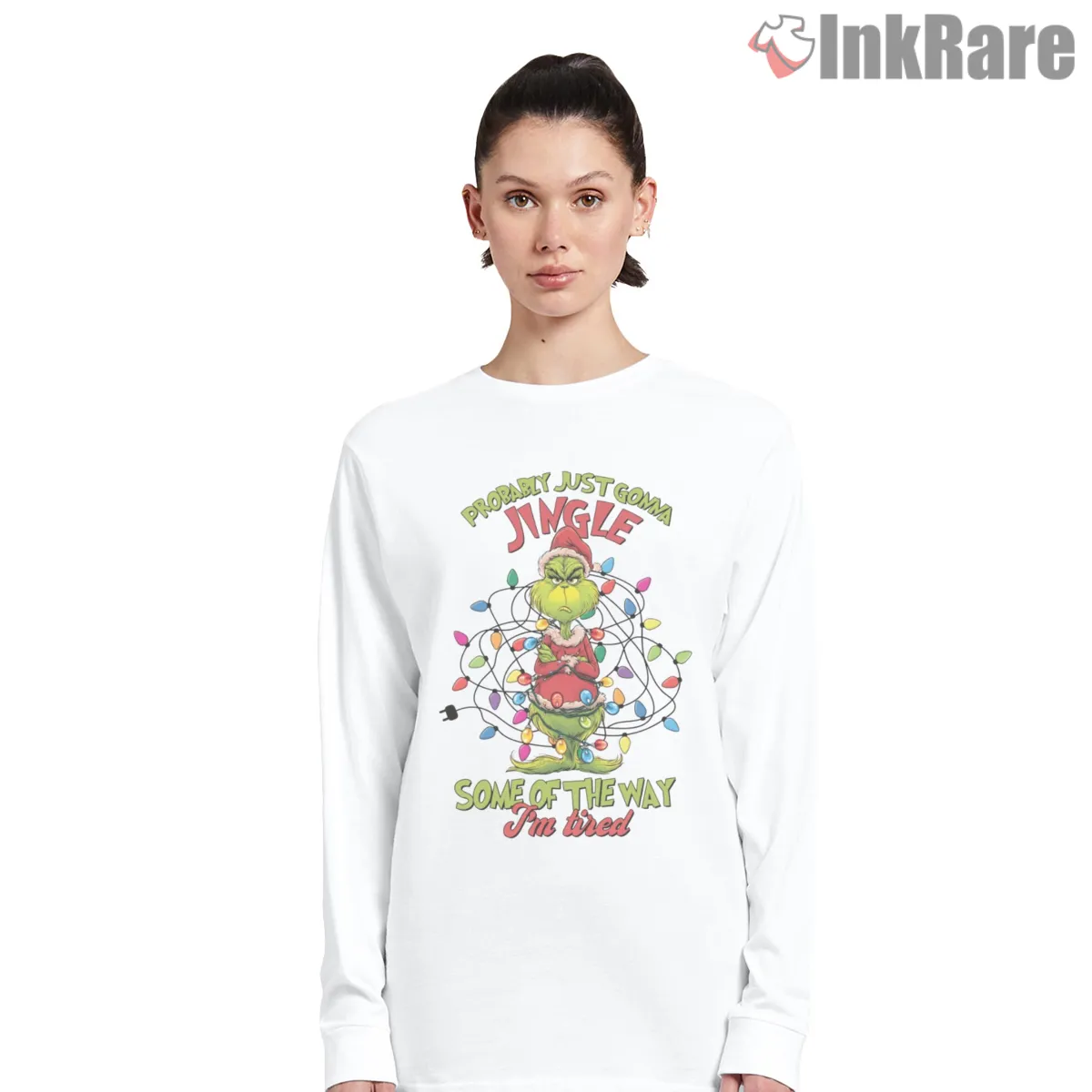 Halfway Jingle Tired Grinch Holiday Lights Long Sleeve White Halfway Jingle Tired Grinch Holiday Lights Shirt on white long sleeve shirt for women graphic tee