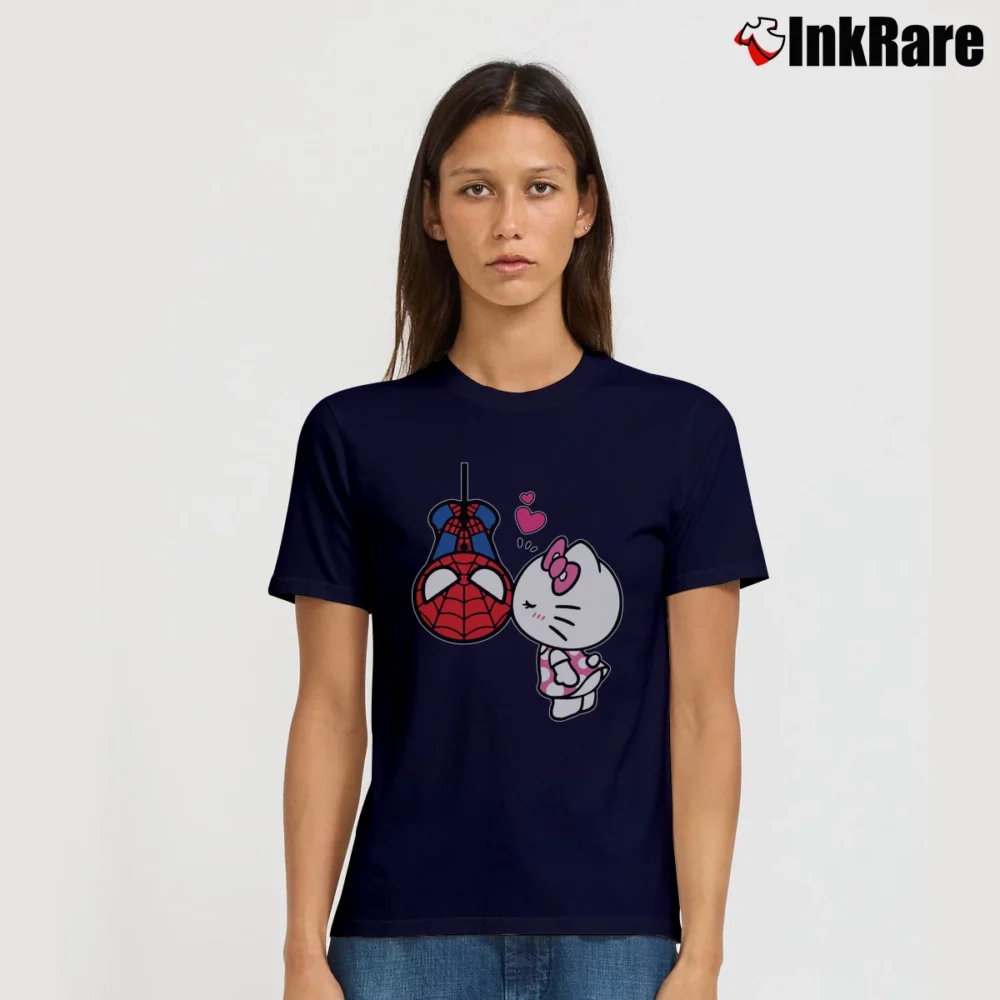 Women’s Hallo Kitty Cat And Hero Spider Matching Couple Valentine's Day Signature T-Shirt in navy | Soft, Flattering Fit