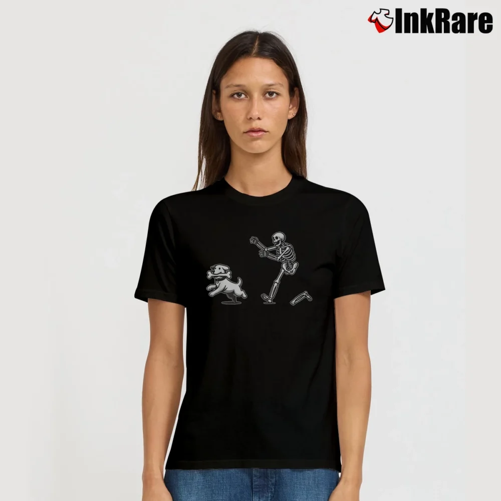 Women’s Halloween Dog Funny Skeleton Chasing Dog T-Shirt in black | Soft, Flattering Fit