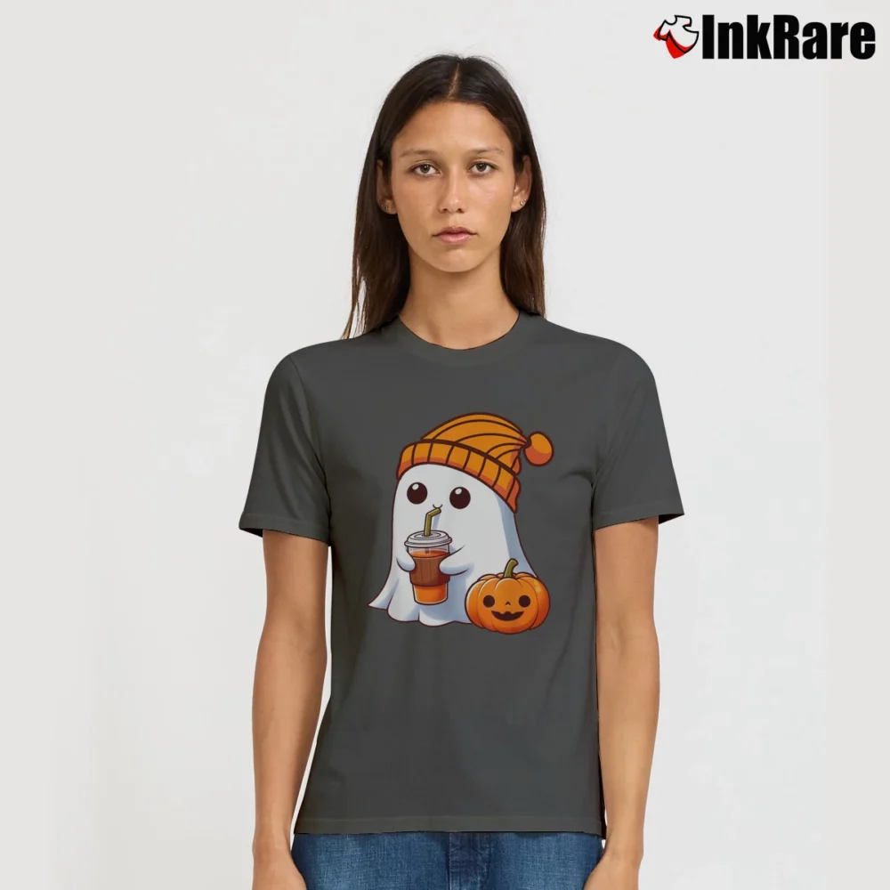 Women’s Halloween Ghost Drinking Pumpkin T-Shirt in charcoal | Soft, Flattering Fit