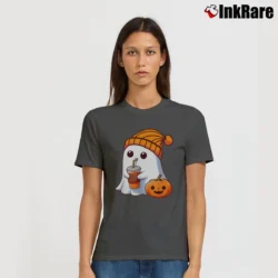 Women’s Halloween Ghost Drinking Pumpkin T-Shirt in charcoal | Soft, Flattering Fit