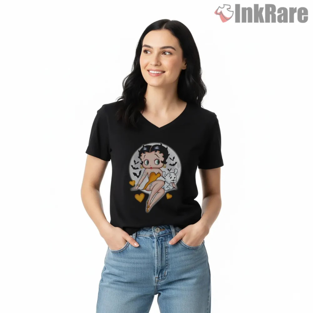 Halloween Moonlight Betty Boop And Puppy Shirt on black v-neck shirt for women graphic tee