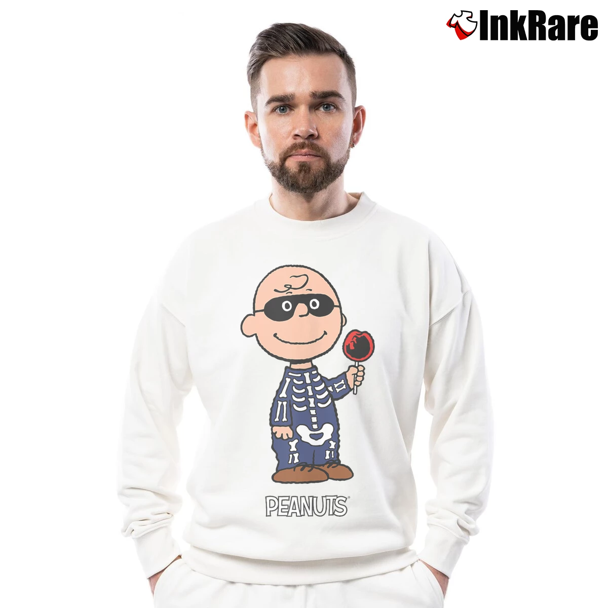 Men’s Halloween Skeleton Charlie Brown Crewneck Sweatshirt in white | Cozy Fabric, Clean Style